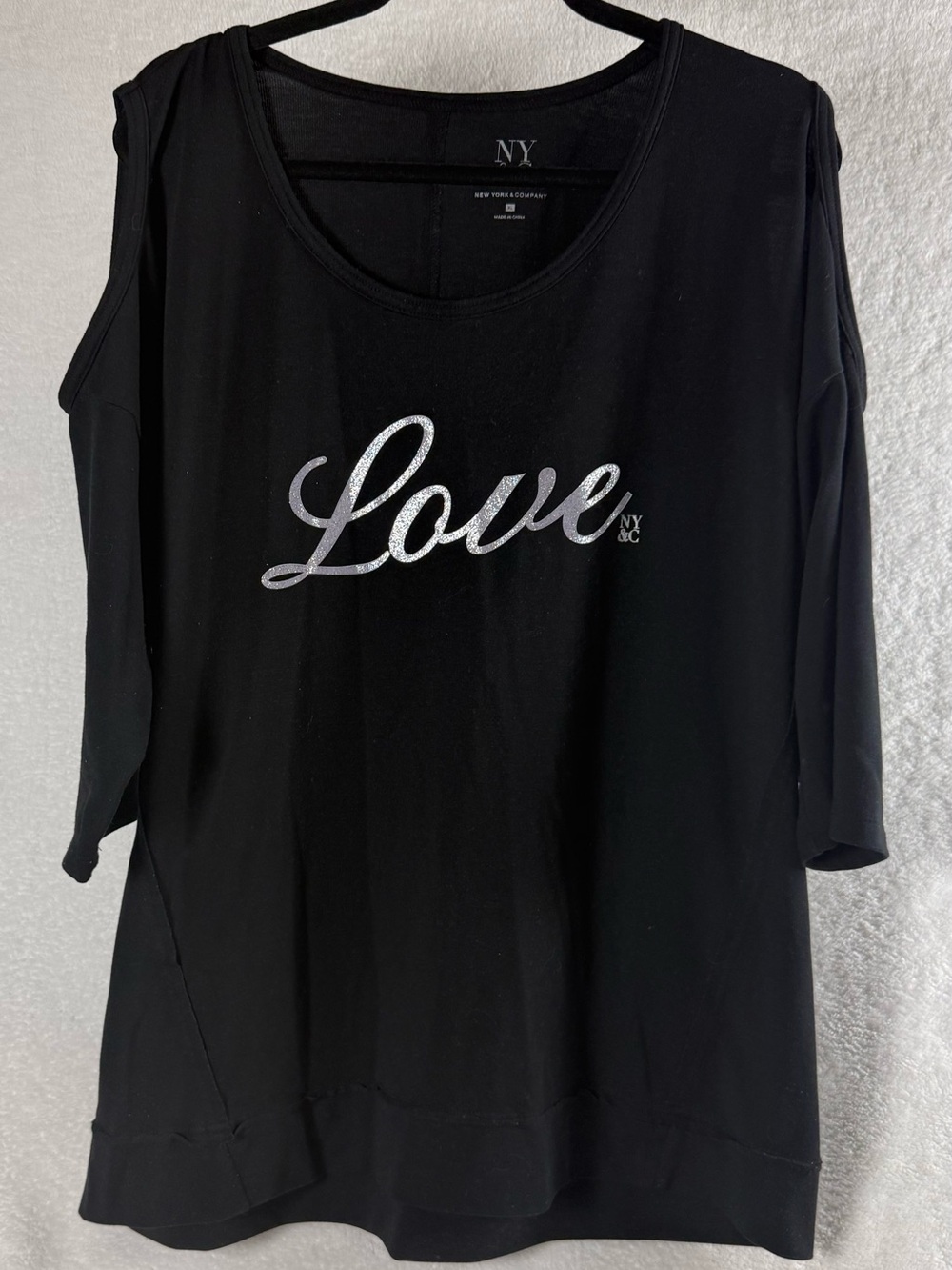 NY & Co Black 'Love' Cold-Shoulder Top - 3/4 Sleeves - Size XL